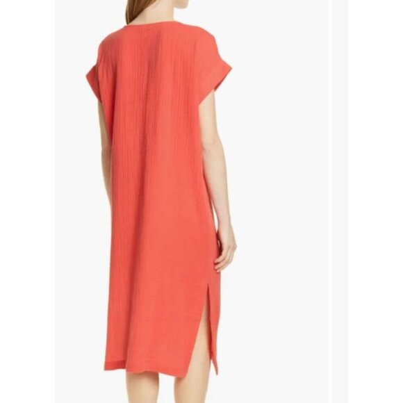 Eileen Fisher Dress Womens Large Orange Short Sleeve V-Neck Midi Cotton Shift - Picture 3 of 5